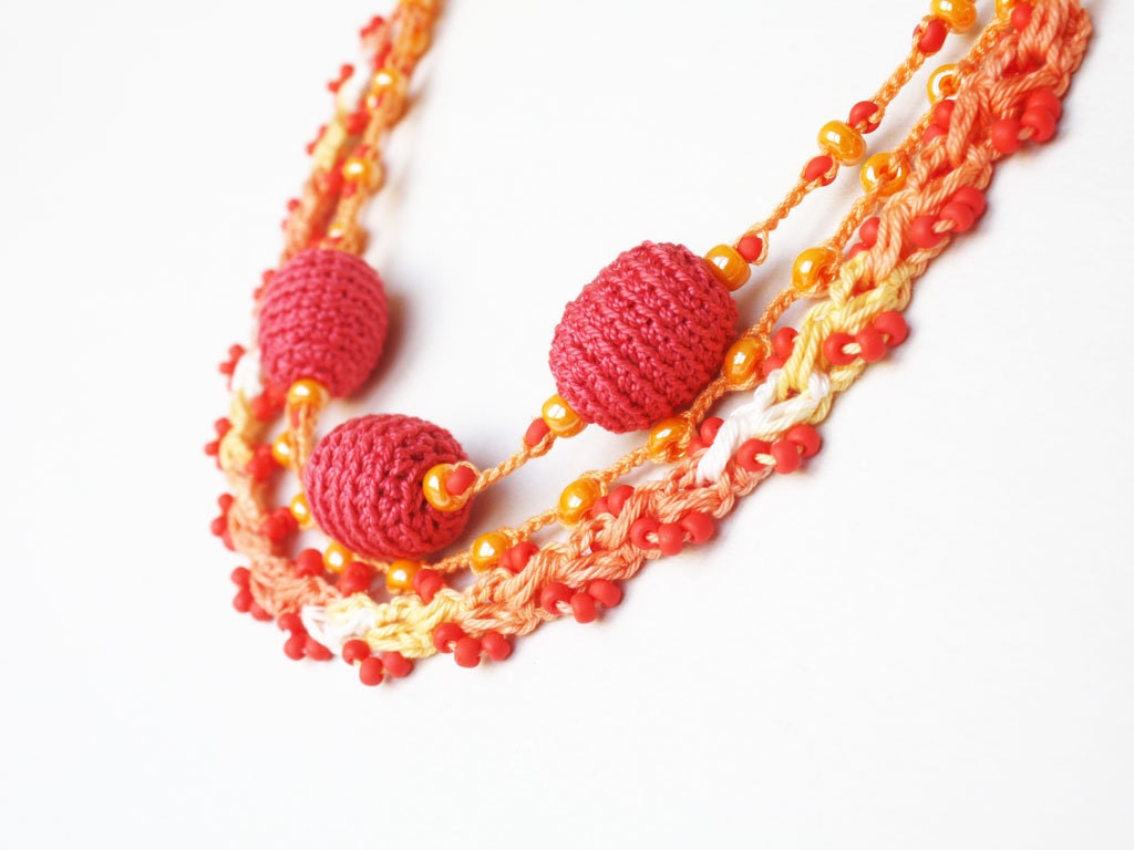 Stackable jewelry Tangerine orange coral pink 3 in 1 crochet necklaces Gift for her under 25 Statement necklace Neon Chunky beads oht - boorashka