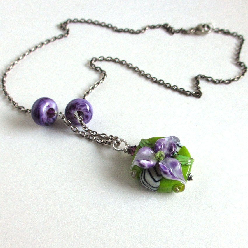 Handmade Lampwork Necklace, Purple Flower Lampwork on Sterling Silver, Aida - sandcastlejewels