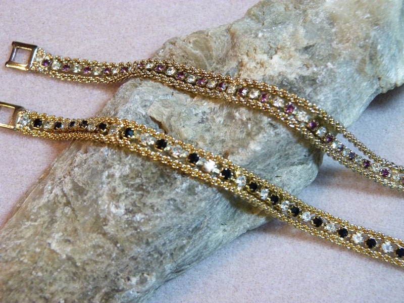 Vintage bracelet lot of 2 rhinestone and gold tone twisted rope chain bracelets