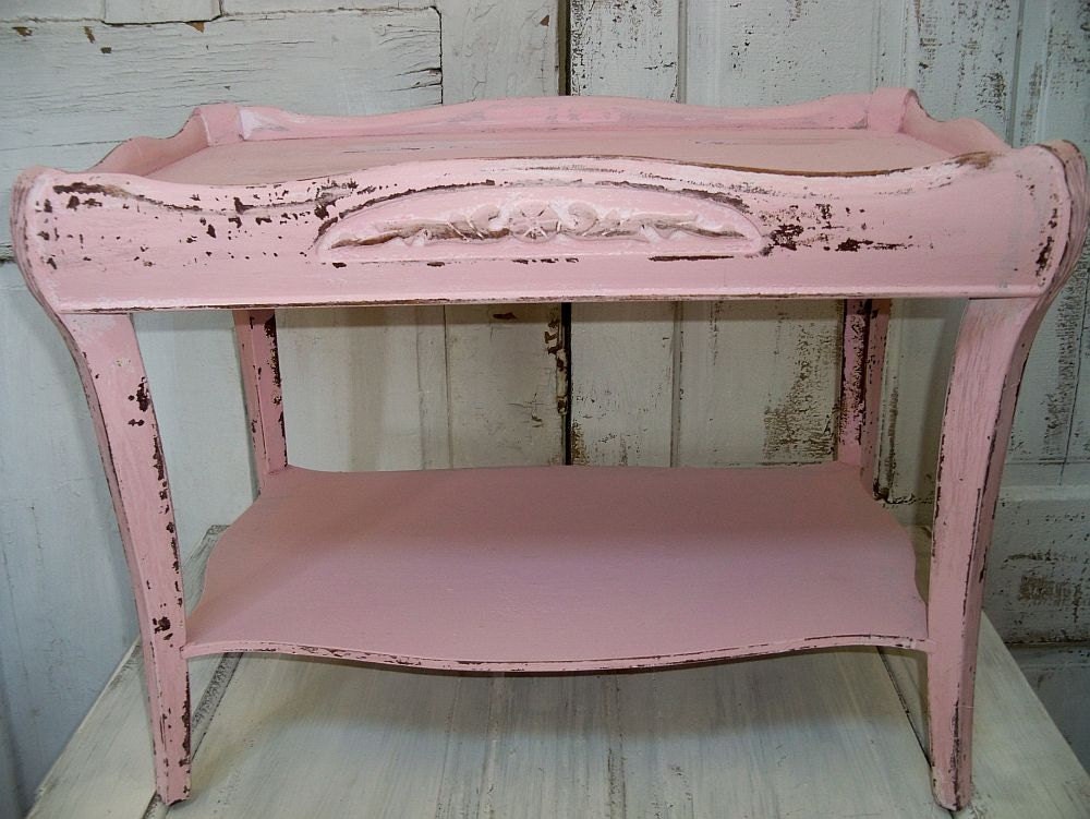 Shabby chic pink painted wood end table weathered furniture ooak Anita Spero