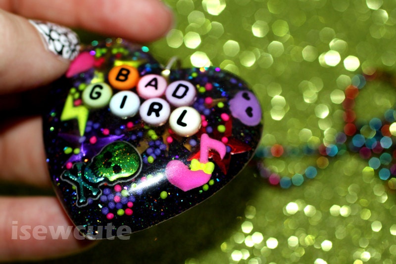 Bad Girl Big Heart Resin Glitter Statement Pendant Necklace with Skulls and Candy by isewcute