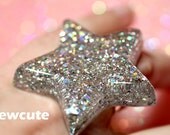 Silver Star Ring Galaxy Quest ...wearable resin glitter filled big rock star celestial stargazer ring...by isewcute
