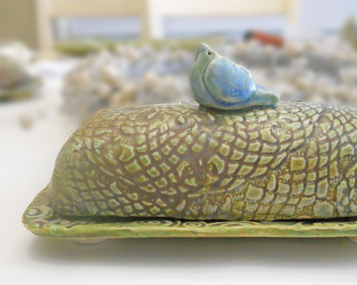 Ceramic Covered Butter Dish Blue Bird