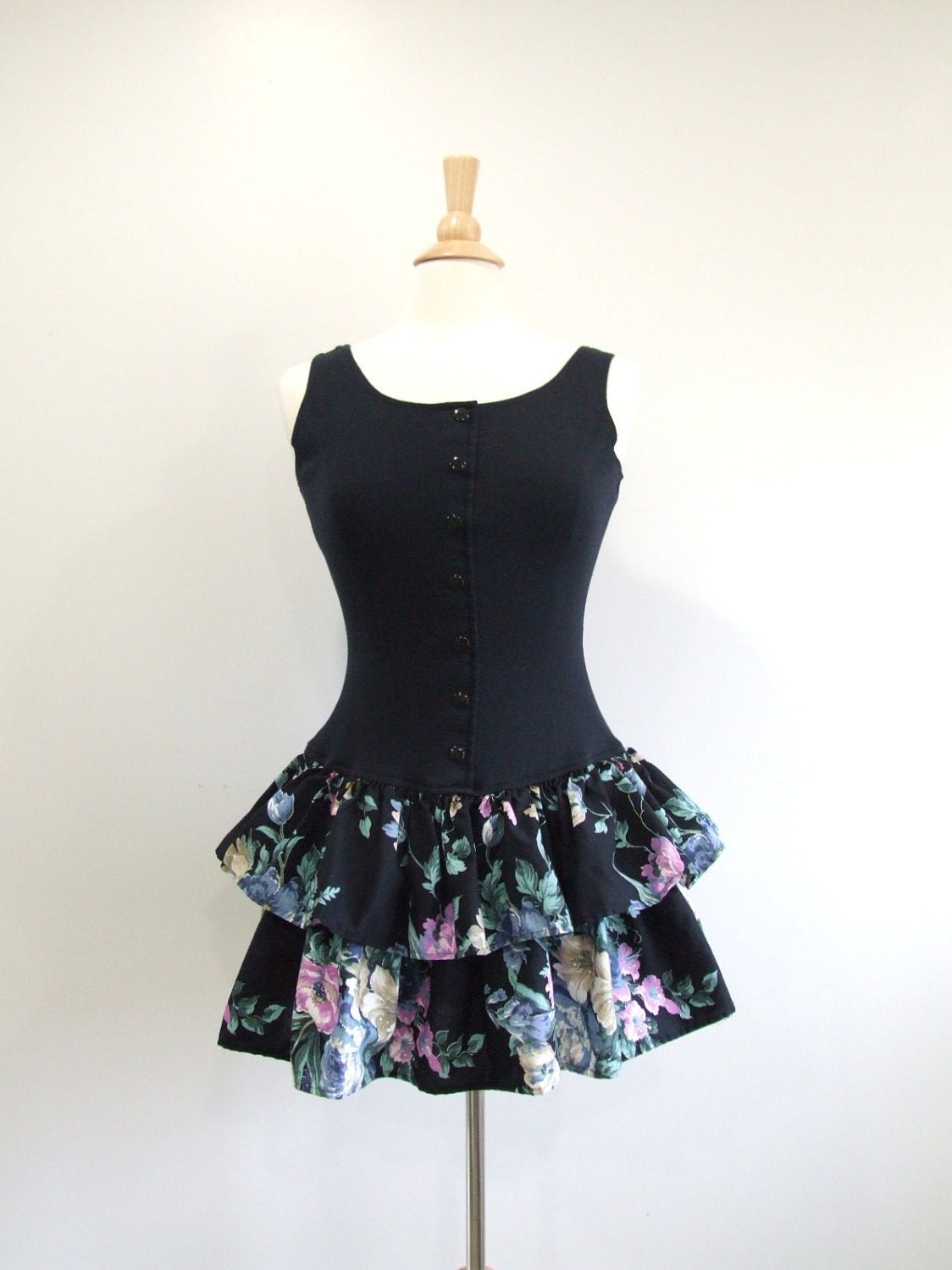 Vintage Summer Dress Floral Print Ruffle Dress - S/M