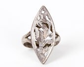 60s Vintage Silver Ring Botanical Flower Marquis Oval
