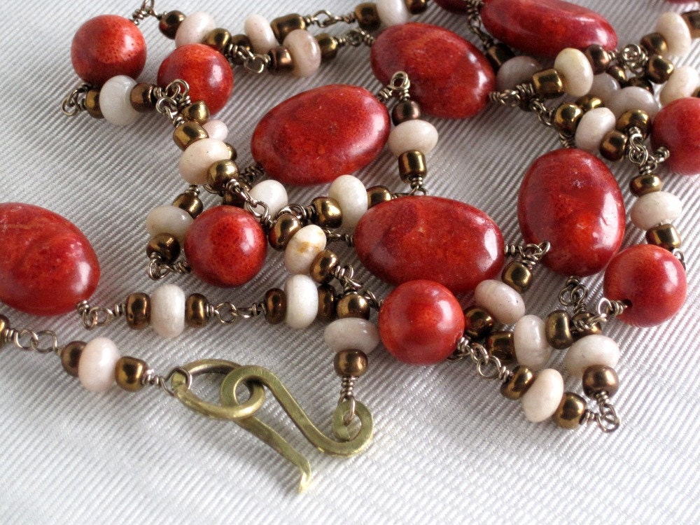 Wire Wrapped Sponge Coral Agate Necklace Hand Wrapped Antiqued Brass