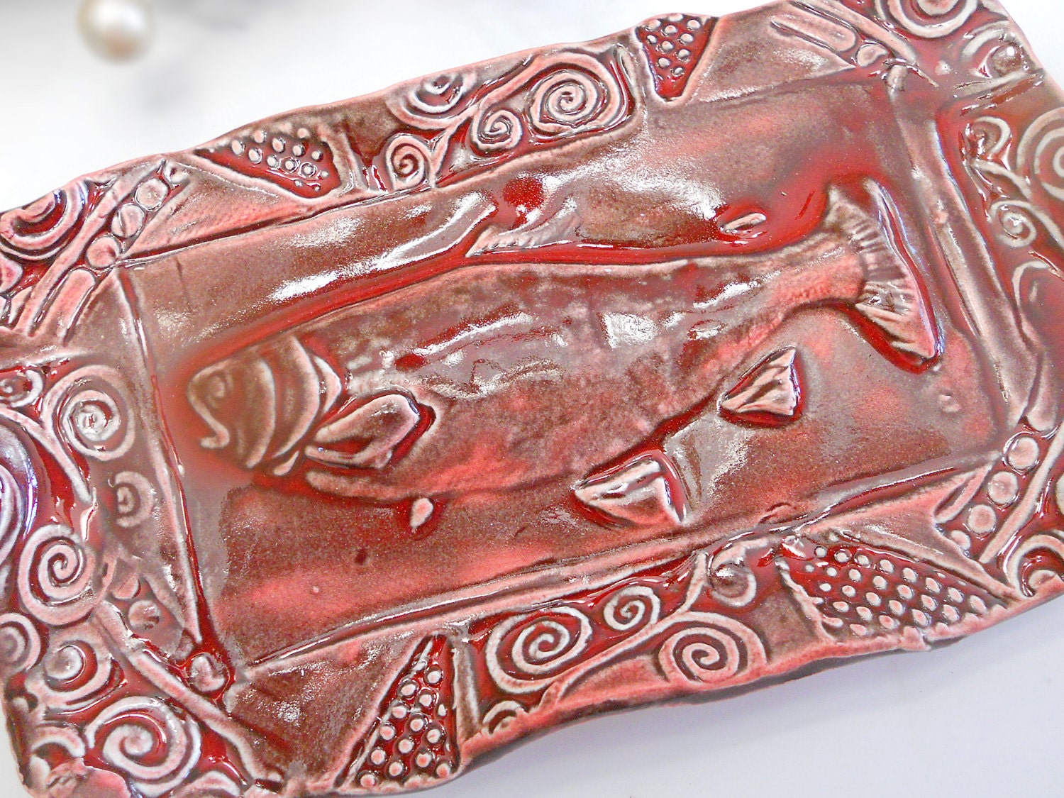 Fish Sponge Holder Trinket Dish Ceramic Ruby Red