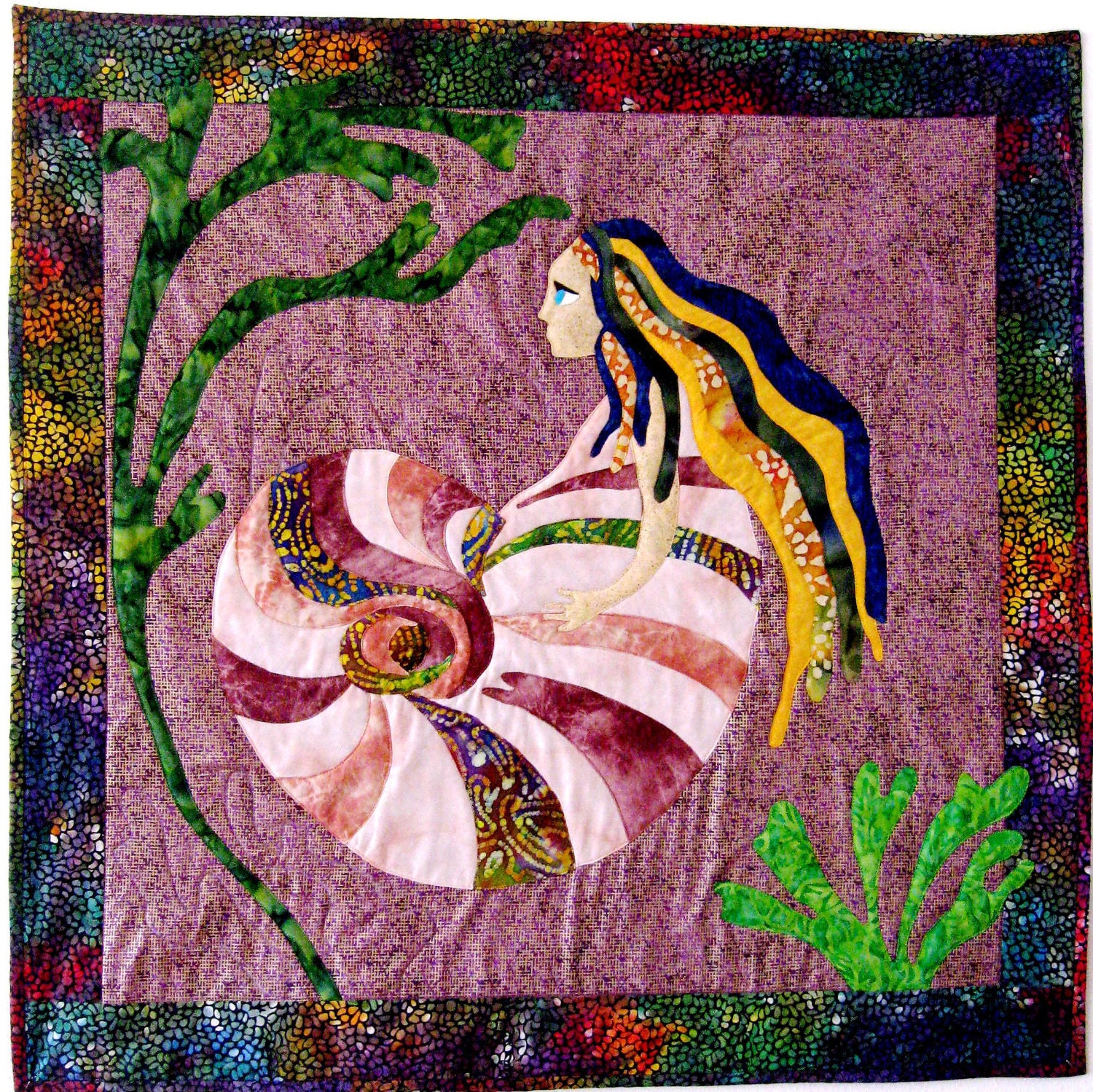 Wall Hanging Mermaid Quilt Art Applique Sea Witch Batik Blue Purple Gold Green