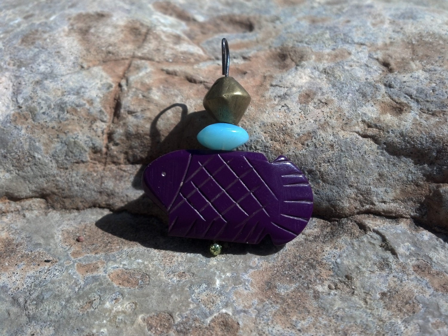 Carved Purple Fish Pendant with aqua glass bead, Nigerian brass ooak One of a Kind