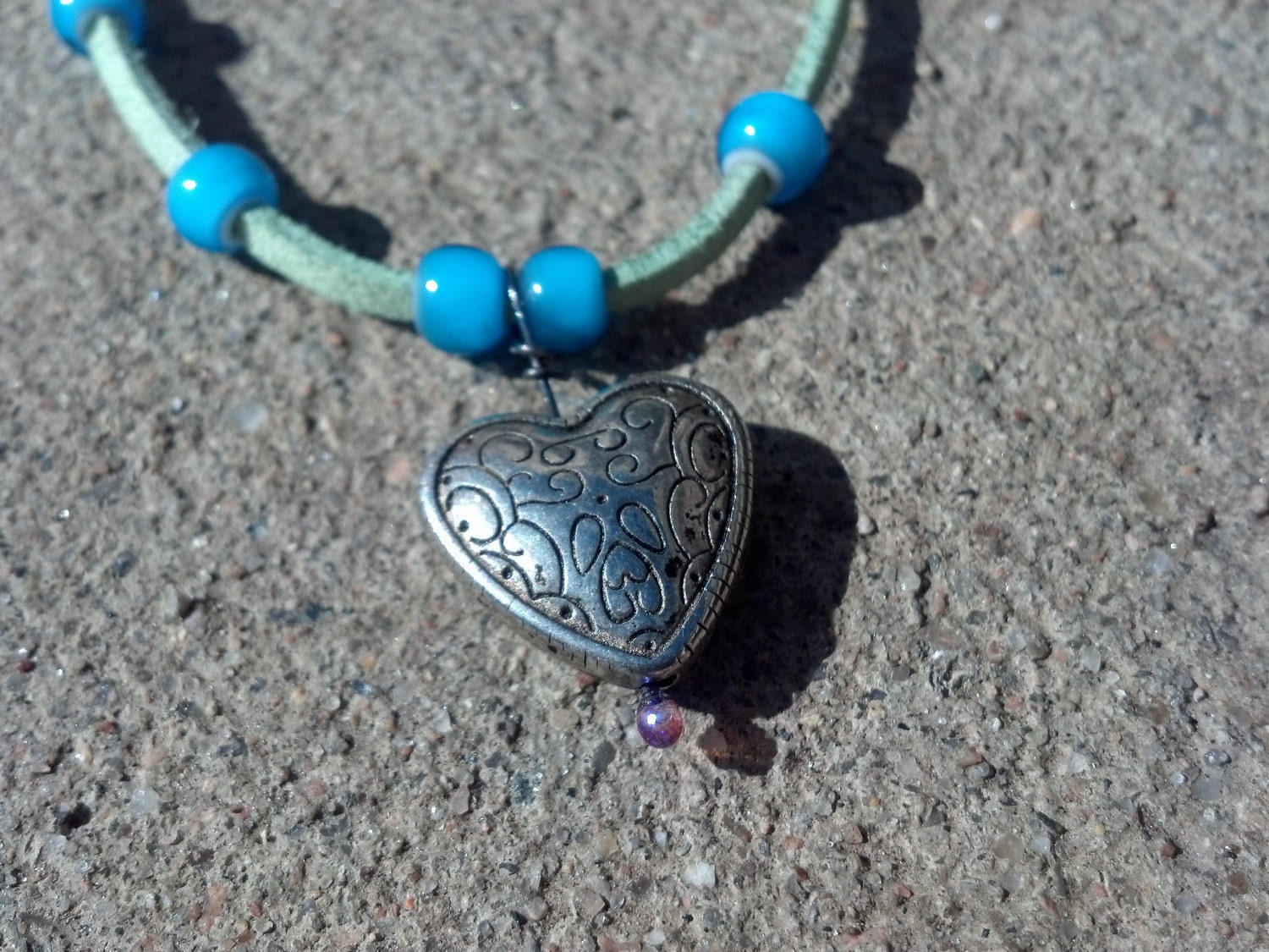 Heart Pendant Necklace on faux leather cord soft green with aqua white heart glass beads