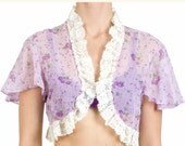 70s Vintage Shrug Cape Purple Floral Rose Sheer Medium Large