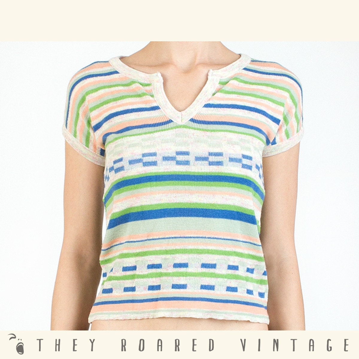 60s Vintage Sweater Stripes Green Pink Blue Small
