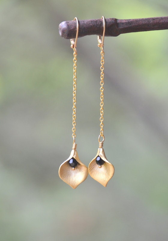 Long Gold Chain Earrings with Calla Lily Flower Petal and Black Crystals - Chic Long Gold Chain Earrings