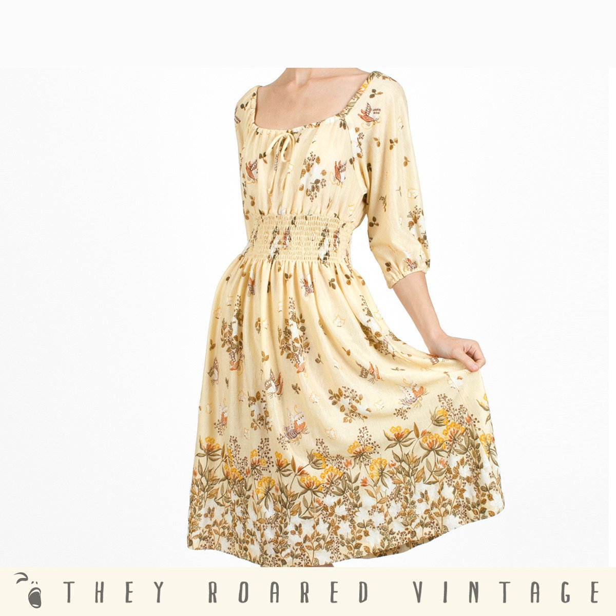 80s Vintage Dress Floral Print Neutral Moths Small