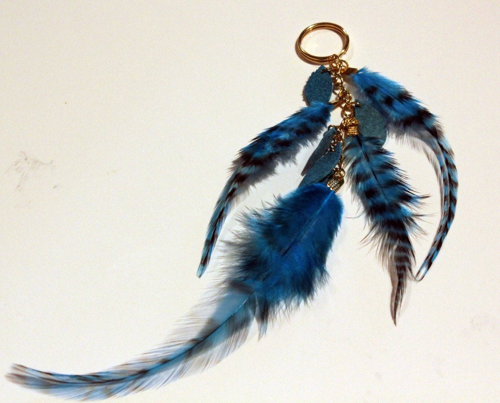 Feather and Leather Keychain - Royal Blue - PursesByTascha