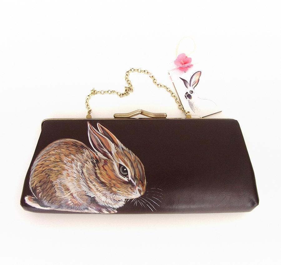 New by NYhop - Pygmy Rabbit handpainted vintage clutch - OOAK - 40s 50s faux brown leather with gold plated trims - NYhop