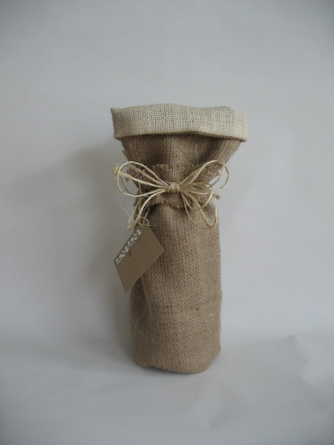 Two Tone Burlap Wine Bag with Ivory Burlap Lining and Twine Bow