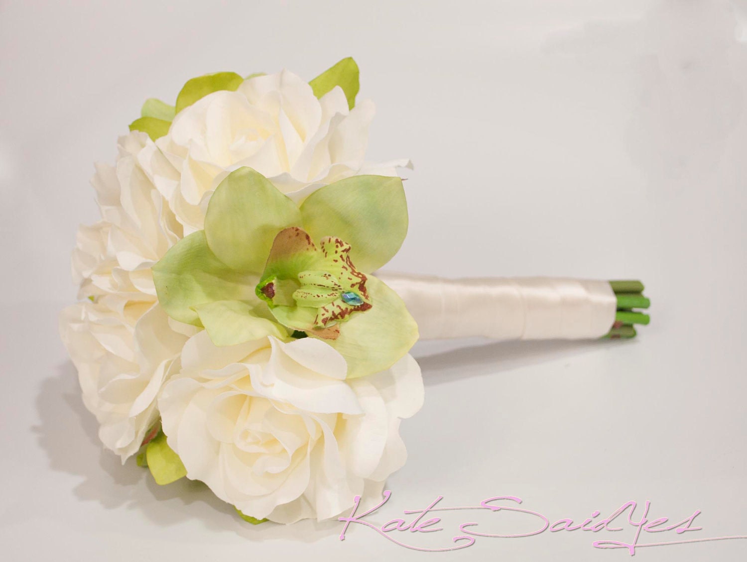 Orchid Bridal Bouquet - Ivory Rose and Green Orchid Silk Wedding Bouquet