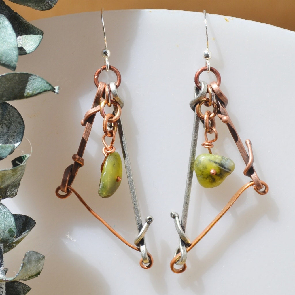 Metal Dangle Earrings - Fun and Bold - Green, Copper and Silver