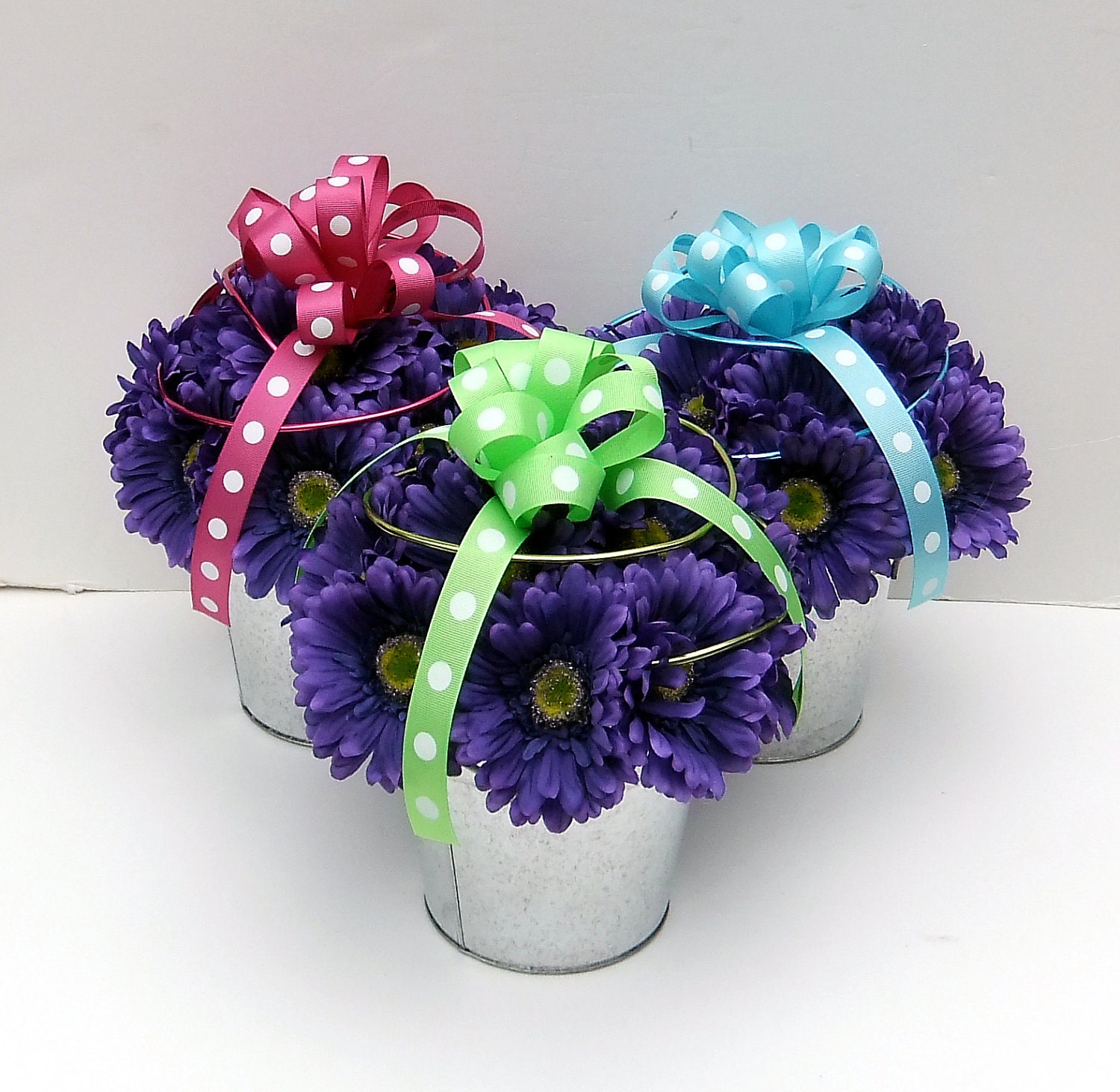 Gerbera Daisy Centerpiece with Polka-Dot Ribbon - Set of 3
