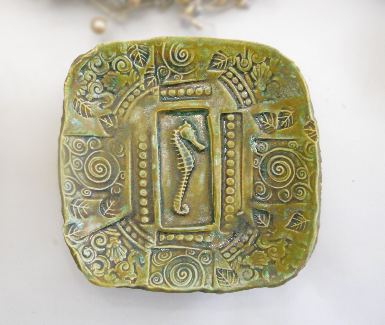 Ceramic Seahorse Bowl Serving Plate  Green Handmade Pottery