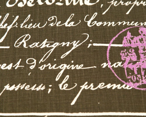 Home Dec Fabric Yardage - Penmanship French Script  - Premier Prints Designer -Dark Taupe. Purple and Ivory- 1 Yard