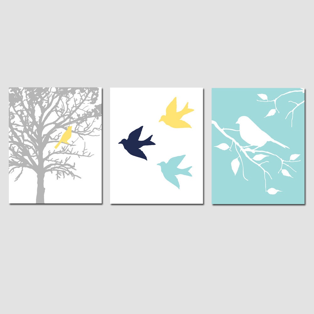 Modern Bird Trio - Set of Three 8x10 Prints - Modern Nursery Art - Dark Navy Blue, Aqua Blue, Yellow, Gray, and More - Tessyla