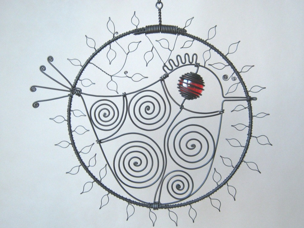 Wire Bird Sculpture With 44 Wire Leaves