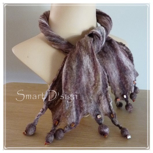 Nunofelt Scarf Silk & Wool with large felt perls and glass beads