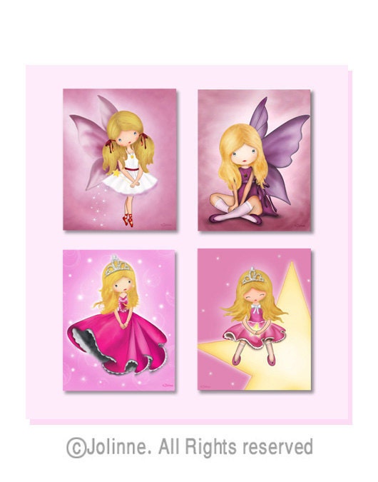 Children room decor, wall art prints, kids art, princess, angel, fairy, pink illustrations nursery wall pictures