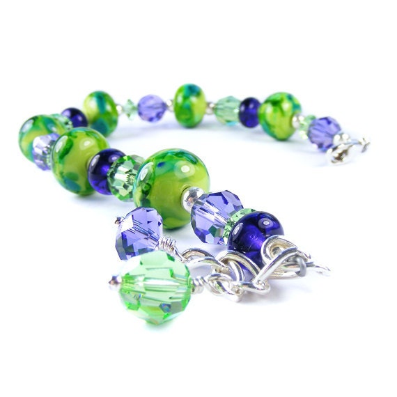 Summer Lime Bracelet in Sterling Silver & Lampwork Glass, Emerald Green, Deep Purple, Peridot, Violet - One of a kind