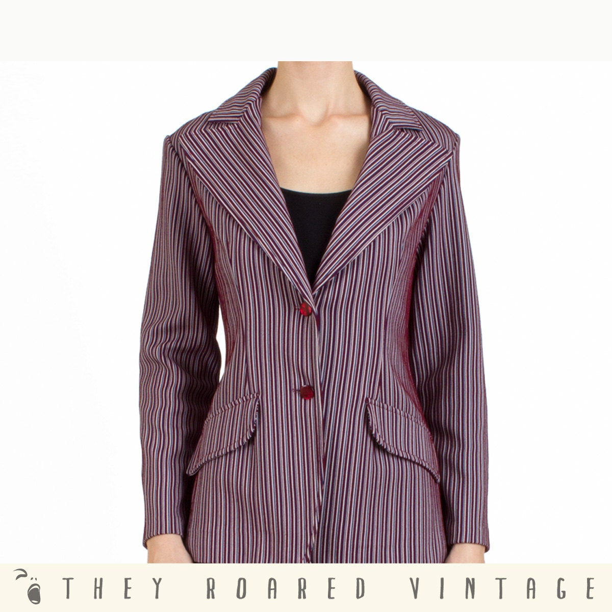 Womens Blazer Purple Burgundy Pinstripe Jacket 60s Mod Vintage Large