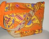 Shoulder Bag Purse Hobo Slouch Tote Book Bag Camera Bag Orange Yellow Tan Floral Cotton Pockets Lined Kaufman