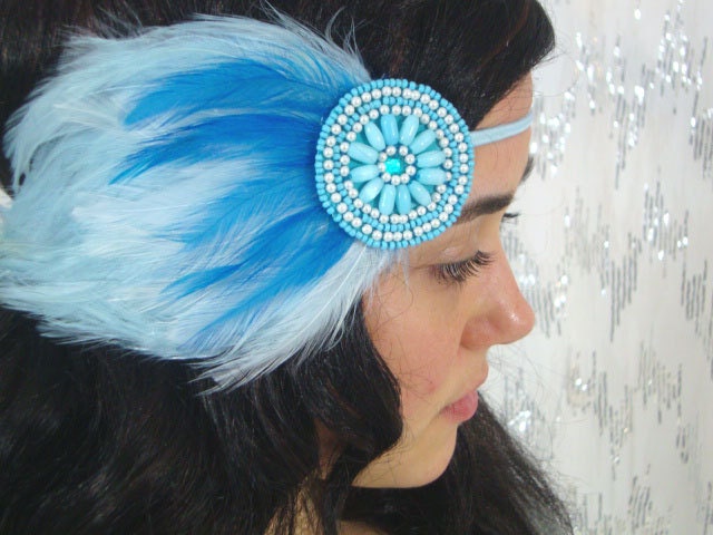 Sea Maiden Feather Beaded Headband - mermaid, ocean, wave, water, blue - neesiedesigns