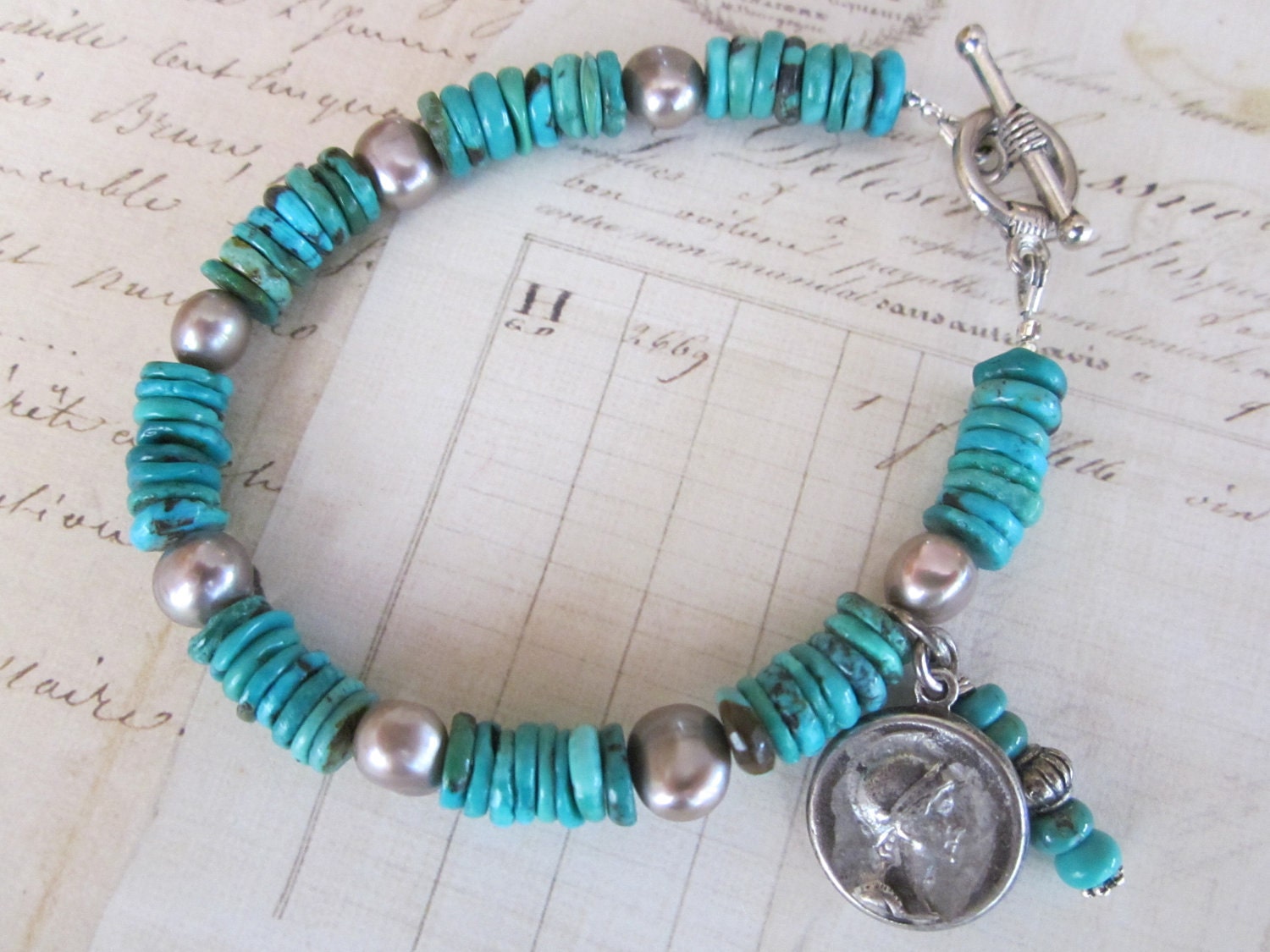 Turquoise Heishe and Pearl Bracelet with Sterling