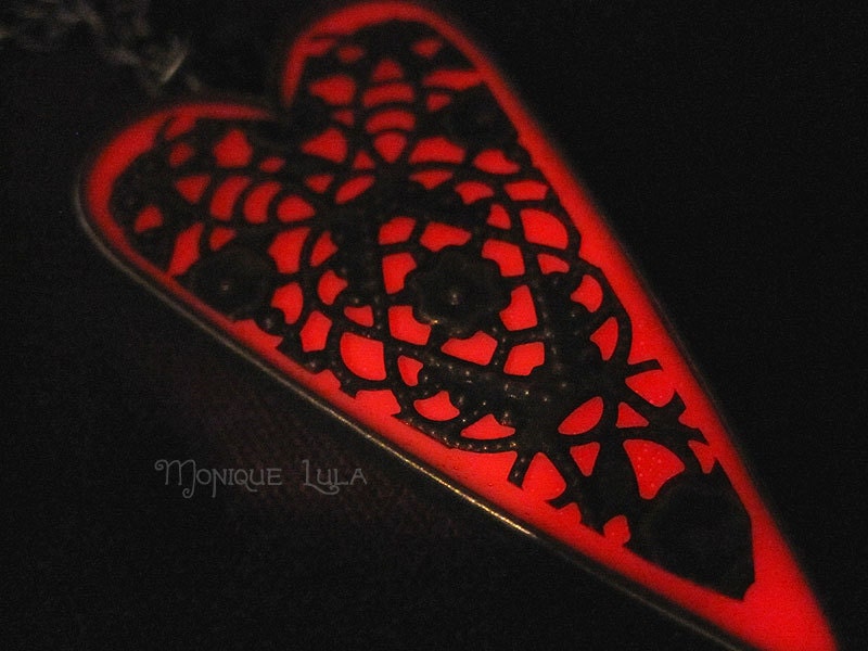 Fire Red Glow in the Dark Heart Pendant Antiqued Brass Filigree