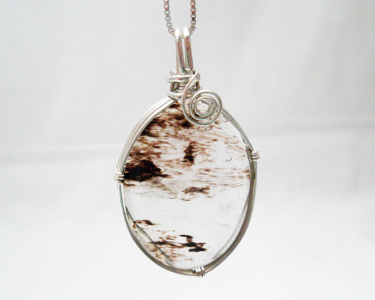 Wire Wrapped Pendant, Black Moss Agate in Sterling Silver