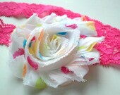 ASHWELL Headband (island blooms) Bright Polka Dot Shabby Flower on Hot Pink Lace Elastic Headband Baby Girl Newborn