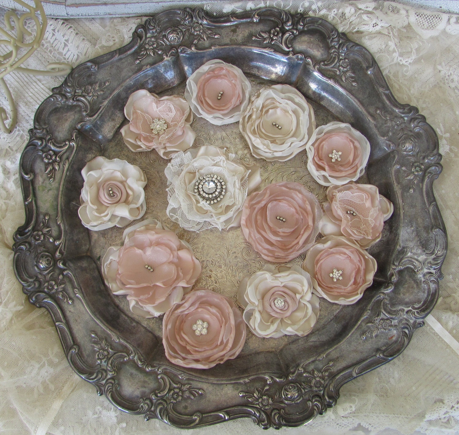 Rhinestone Fabric Flowers Perfect for Wedding Decorations  Custom Order any Color Set of 12