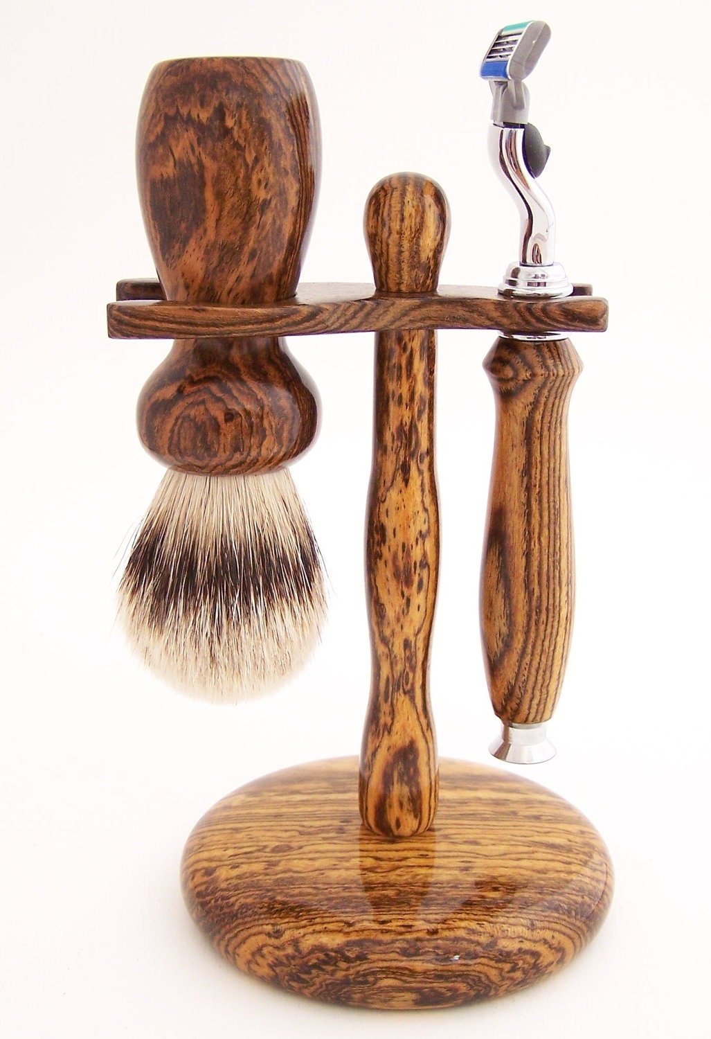 Bocote Wood 22mm Super Badger Brush, Mach 3 Razor and Stand Shaving Set (Handmade in USA)