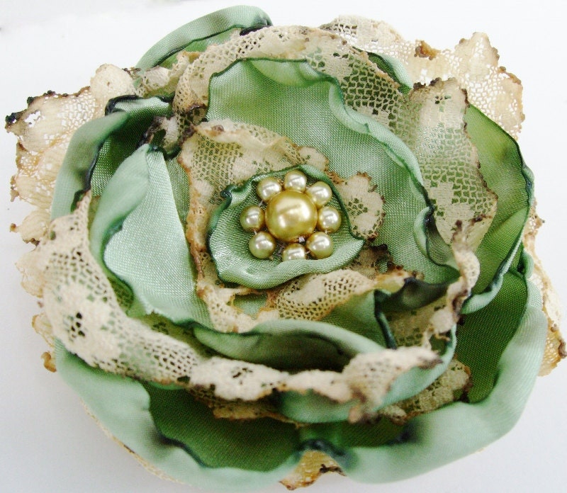 Sage Green with tea stained lace Flower Accessory, Wedding, Shabby Chic, Hair Clip, Brooch
