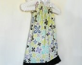 Toddler Girls Dress - Purple, Green, Blue & Black Flowers on White- made to order 12 - 24 months - 2T 3T 4T 5T