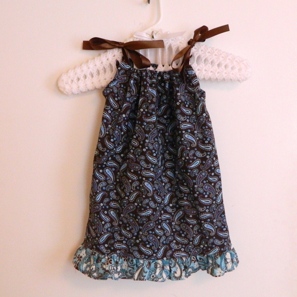 Blue & Brown Dress - Paisley - made to order  24 months 2t 3t 4t 5t