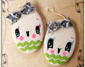 Set of 2-Easter Ornaments- Big Eye Happy Fancy Egg babies-Pinkytoast Art