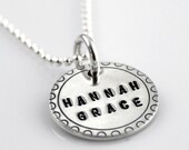 Personalized hand stamped sterling silver necklace with open dot border