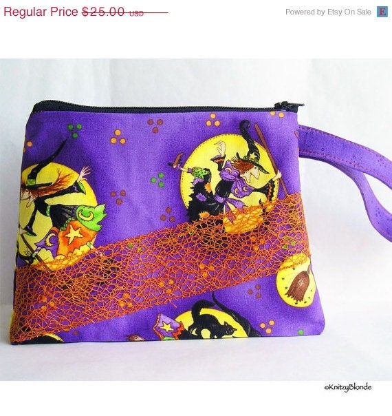 Halloween Cosmetics Bag Knitting Notions Zipper Pouch Witches & Cats, Purple Orange Yellow Larger Size