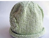 Baby Hat Hand Knit Rolled Brim Flower Cloche, Mint Green Pastel
