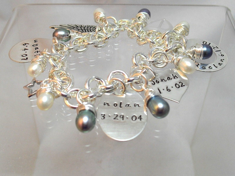 Mother Bracelet - Name Bracelets Sterling Silver Oval Teardrop disc - One Washer - One Puff Heart Personalized Bracelet - Monogram
