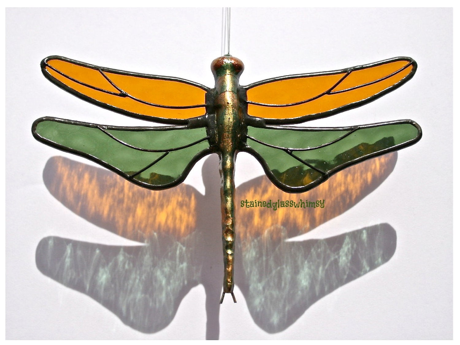 Stained Glass DRAGONFLY Suncatcher, Amber & Sage Green Textured Wings, Handcast Metal Body, USA Handmade - stainedglasswhimsy