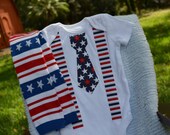 4th of July Onesie with Tie and Suspenders and Baby Legs Legwarmers all Sizes Onesies and T Shirts Patriotic RED WHITE BLUE Photo Prop